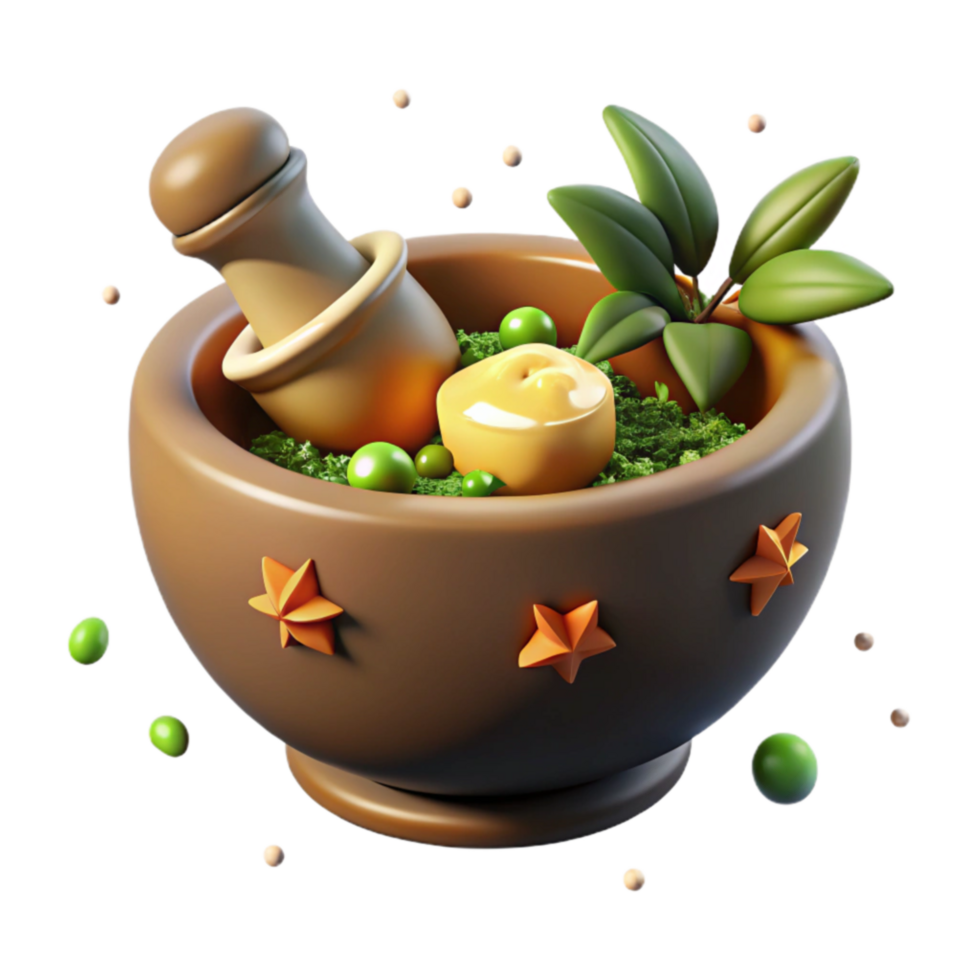 Herbal Remedy A 3D Render of a Mortar and Pestle with Herbs and Spices png