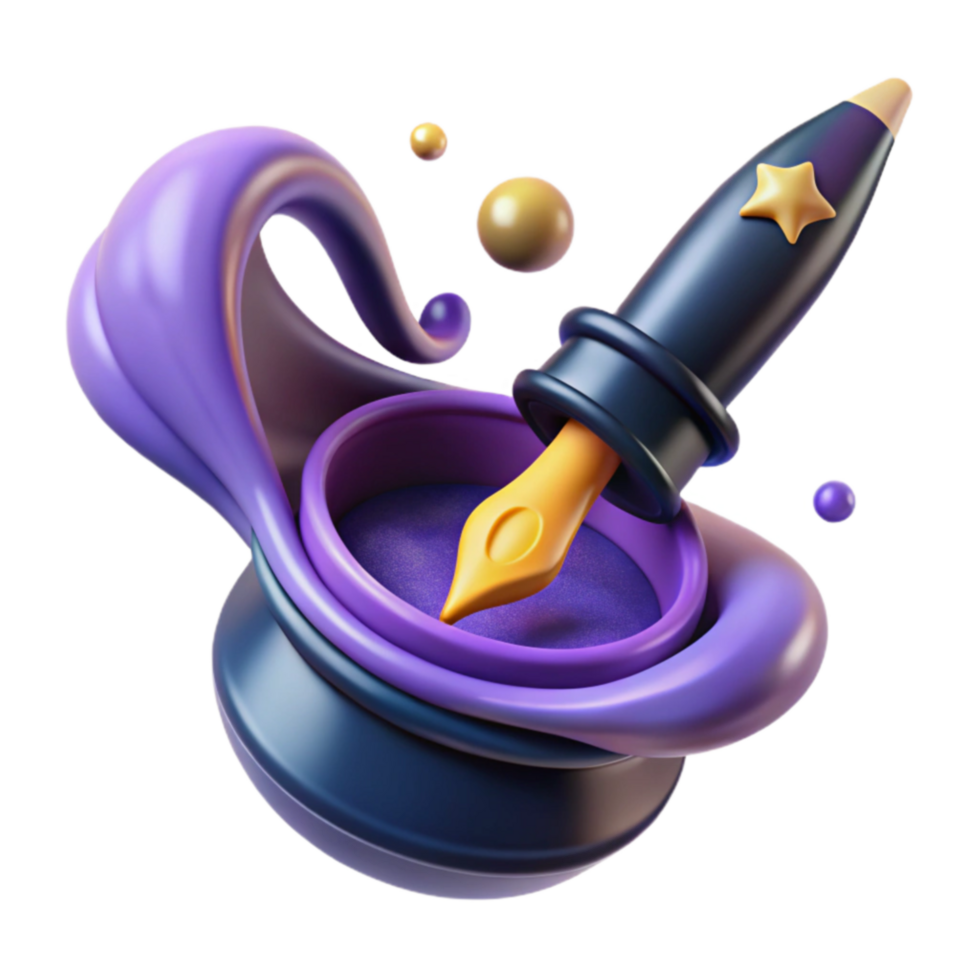 3D Render Purple Inkwell and Quill png