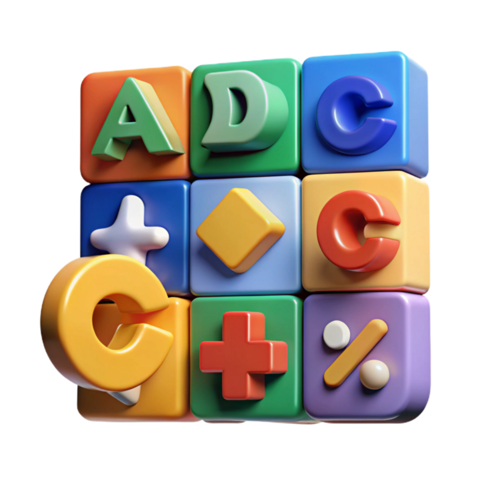 Colorful 3D Blocks Letters, Numbers, and Math Symbols png