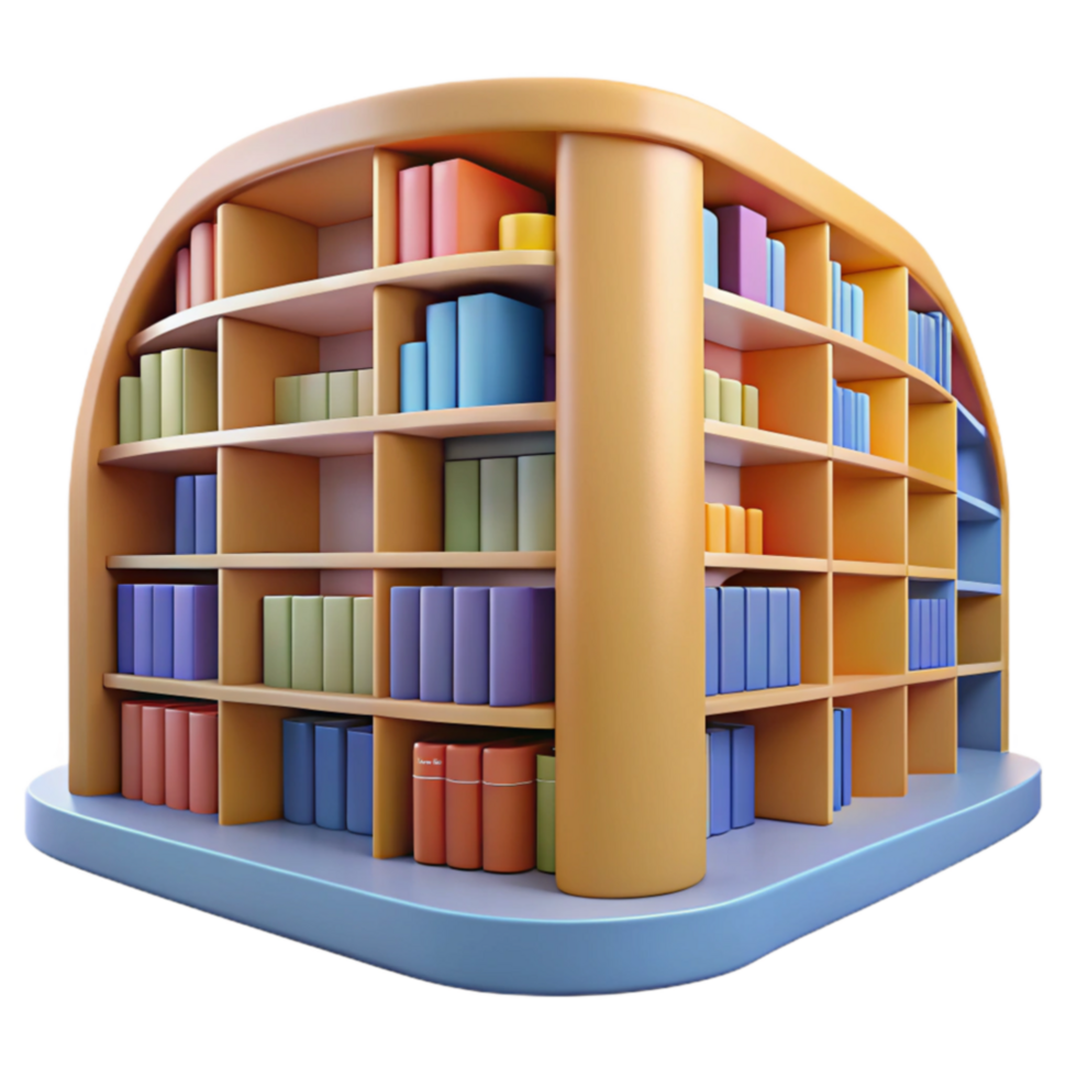 Curved Bookshelf Design Colorful Books and Shelving png