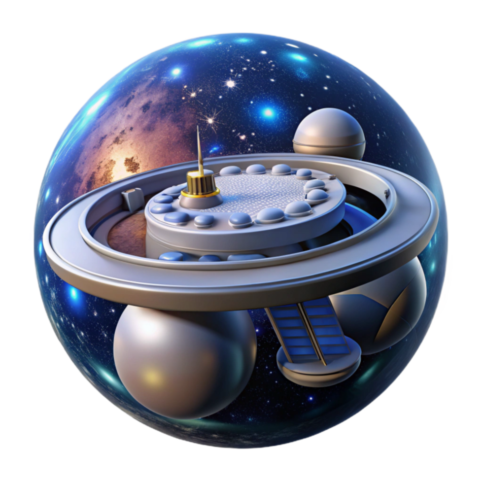 Futuristic Space Station orbiting Planet A 3D Render png