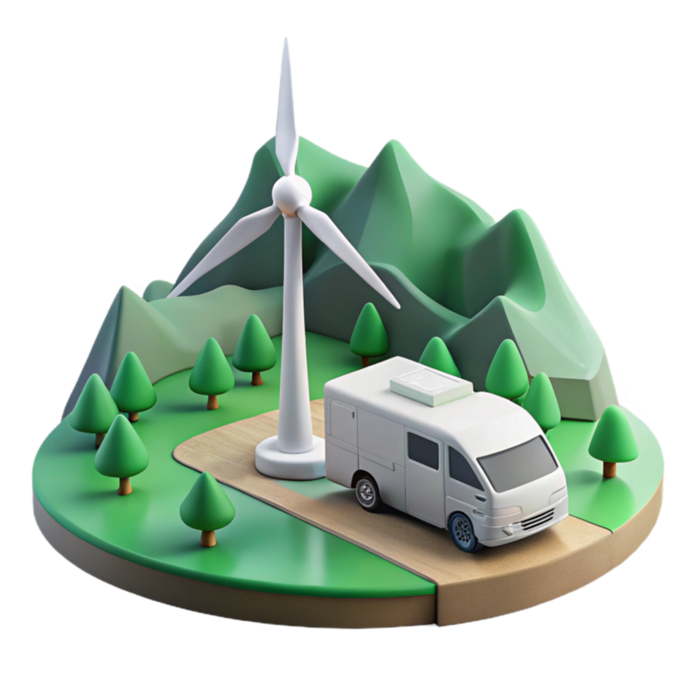 Sustainable Campervan Trip Scenic Mountains Wind Energy png