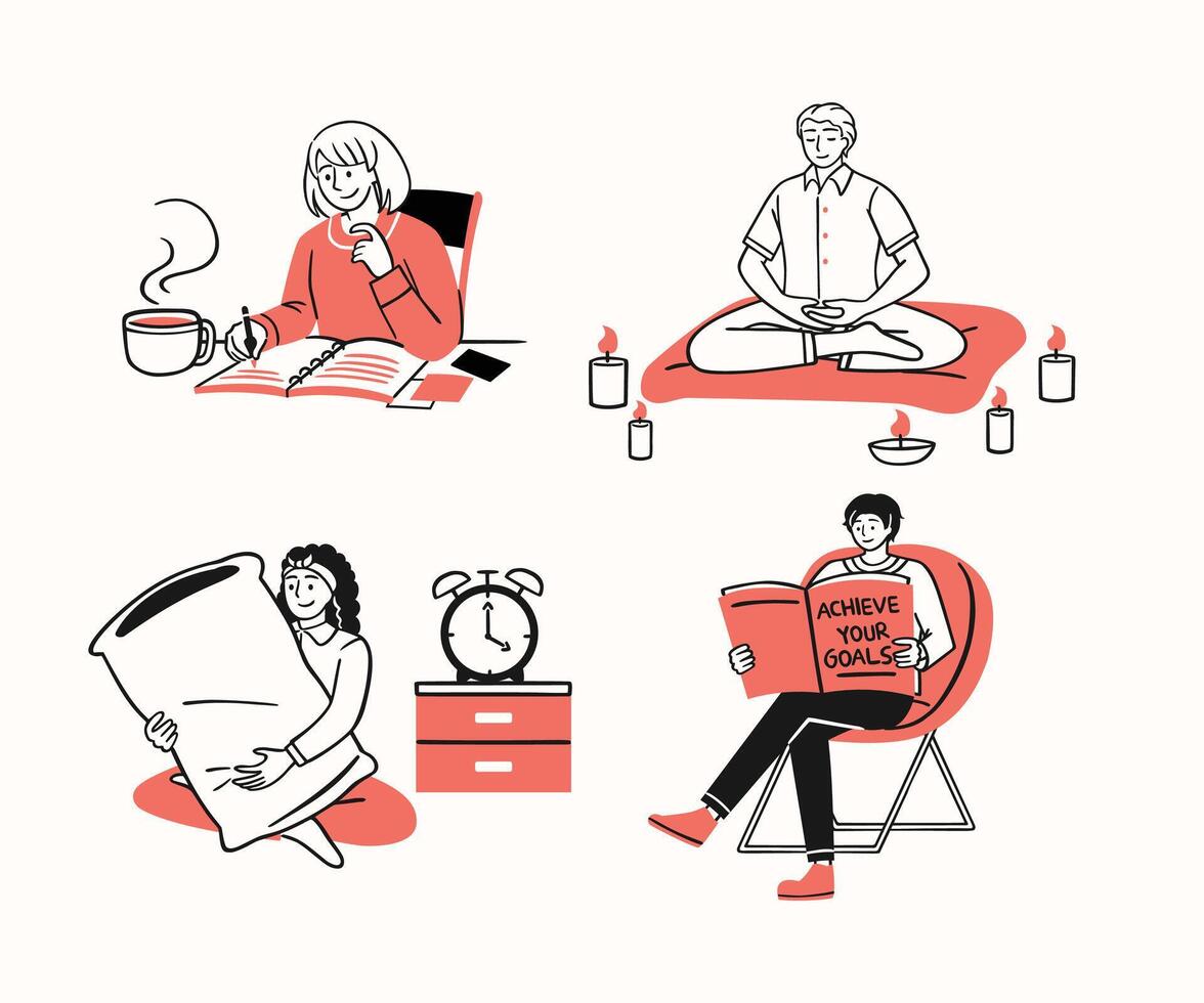A collection of illustrations depicting individuals and couples planning their New Year resolutions vector