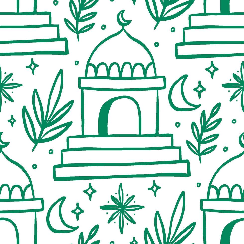 A seamless doodle pattern of mosques and palm trees, blending tradition and Ramadan ambiance. vector