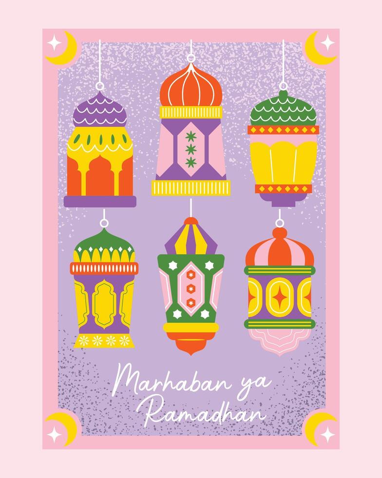 A vibrant flat illustration-style poster featuring hanging lanterns with intricate designs, perfect for Ramadan decorations, greeting cards, and festive promotions. vector