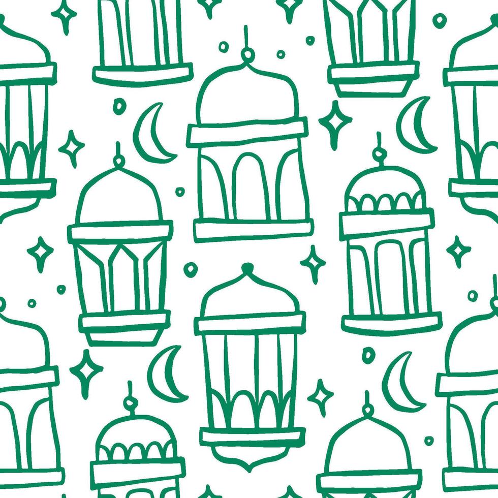 A seamless doodle pattern of lanterns with crescent moons, adding charm to Ramadan decorations. vector