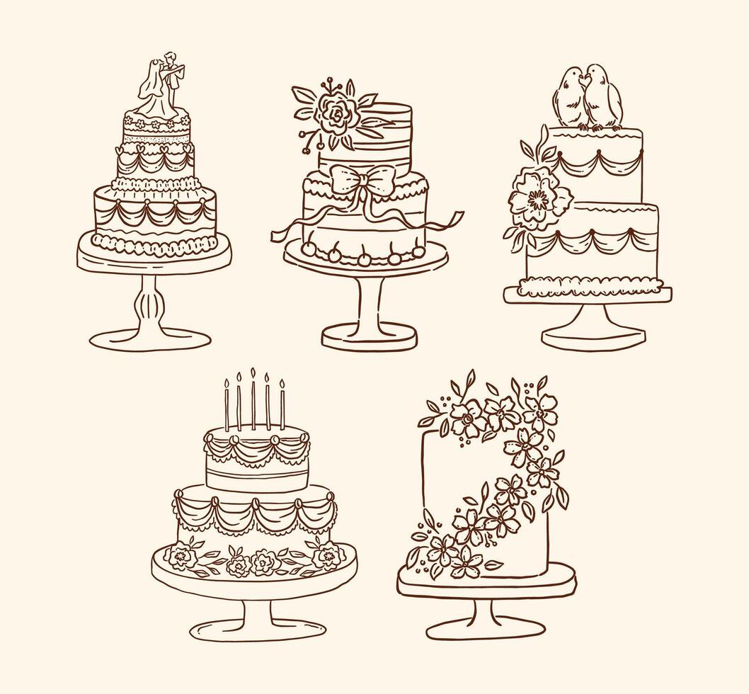 A collection of elegant minimalist line art wedding cake illustrations featuring floral, bow, and romantic elements vector