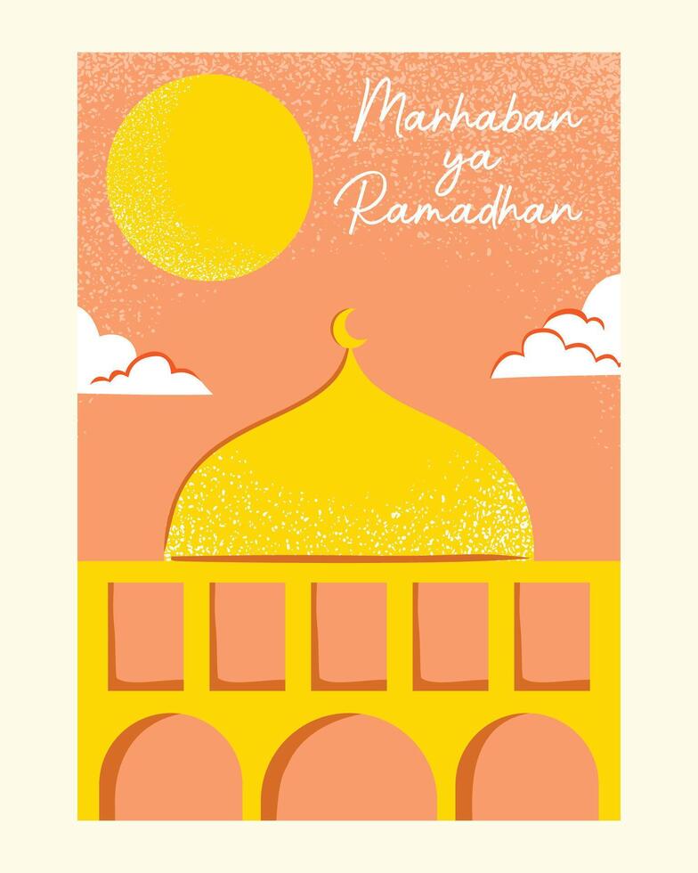Featuring a bright sun above a beautifully illustrated mosque, this poster captures the spirit of Ramadan with a simple and elegant design. Ideal for festive decorations and holiday promotions. vector