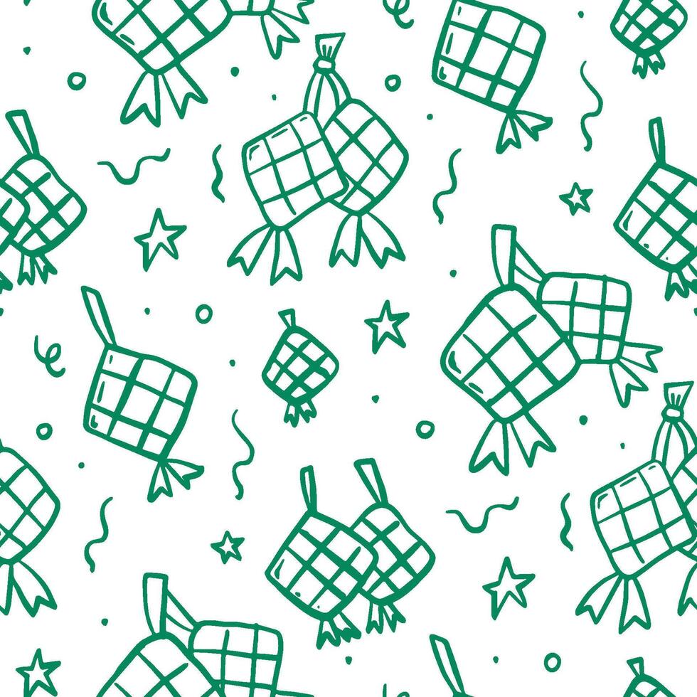 A fun seamless doodle pattern of ketupat, stars, and crescents, evoking Ramadan festive atmosphere. vector