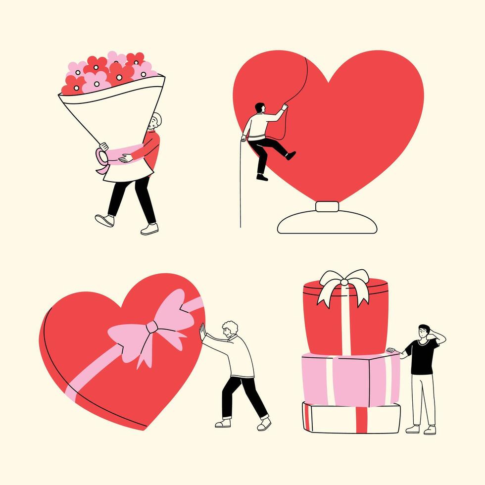 Illustrations of Men Making Romantic Valentine Efforts Sets vector