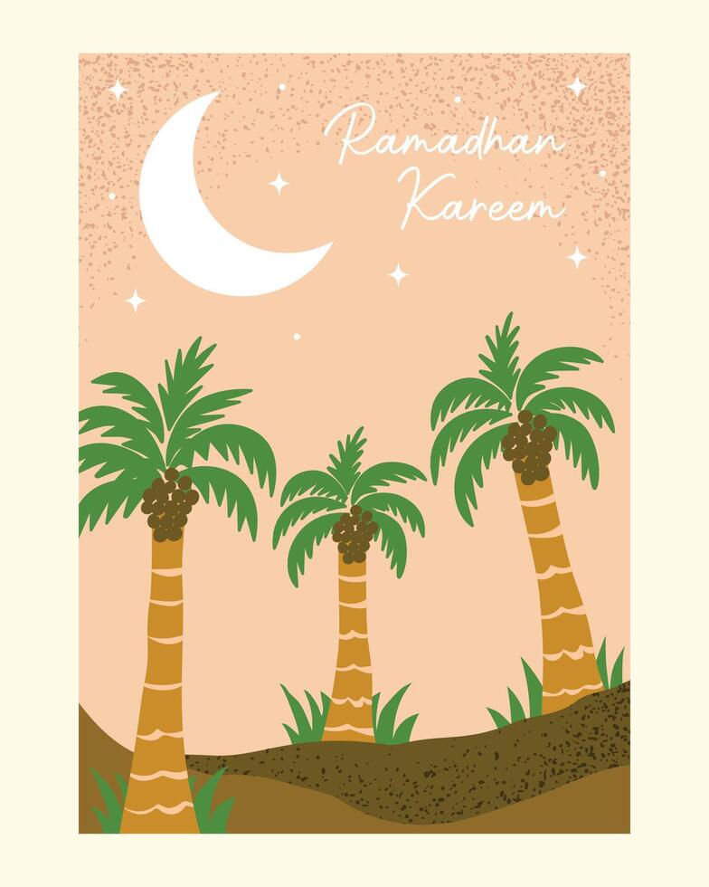 A flat illustration-style poster featuring a night sky with a crescent moon and stars, perfect for Ramadan Kareem greetings, festive decorations, and holiday promotions. vector