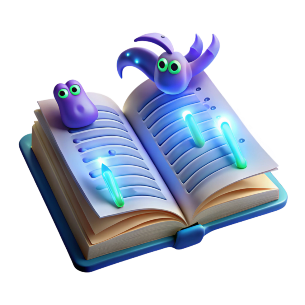 Glowing Creatures Magical Book A 3D Render png