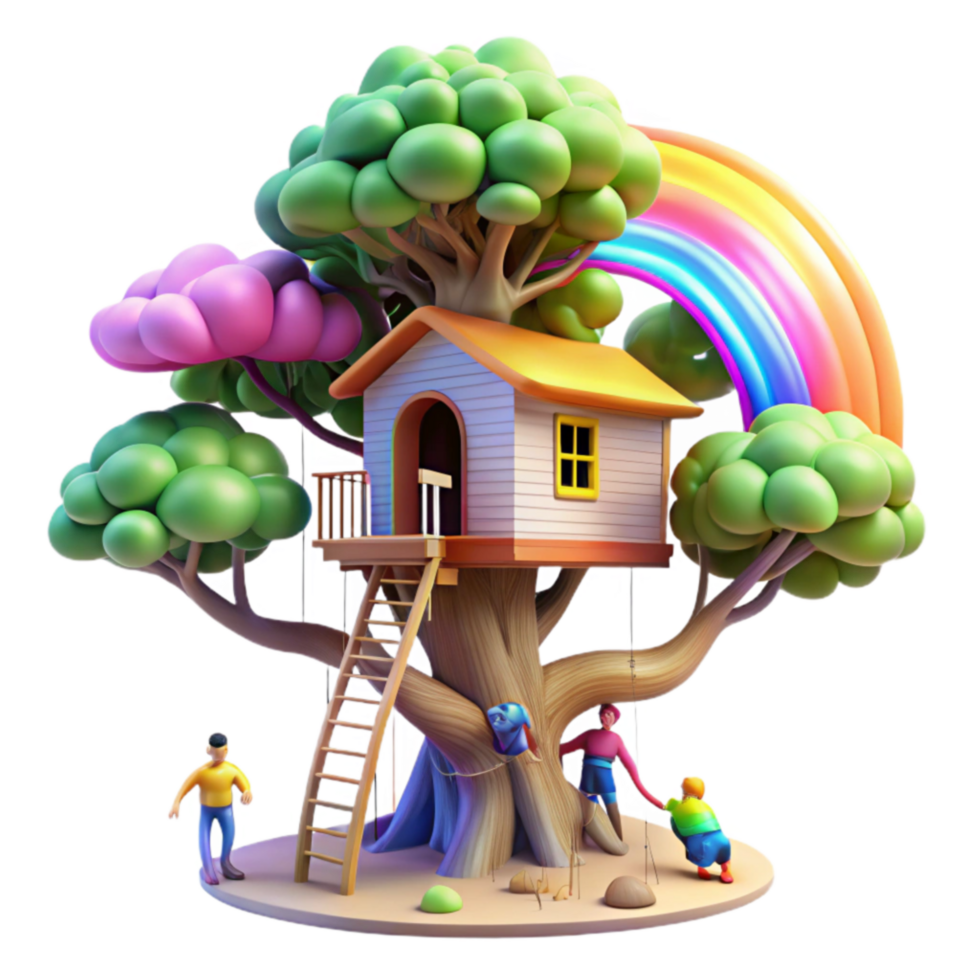 Whimsical Treehouse Adventure Rainbow, Clouds, and Playful Fun png