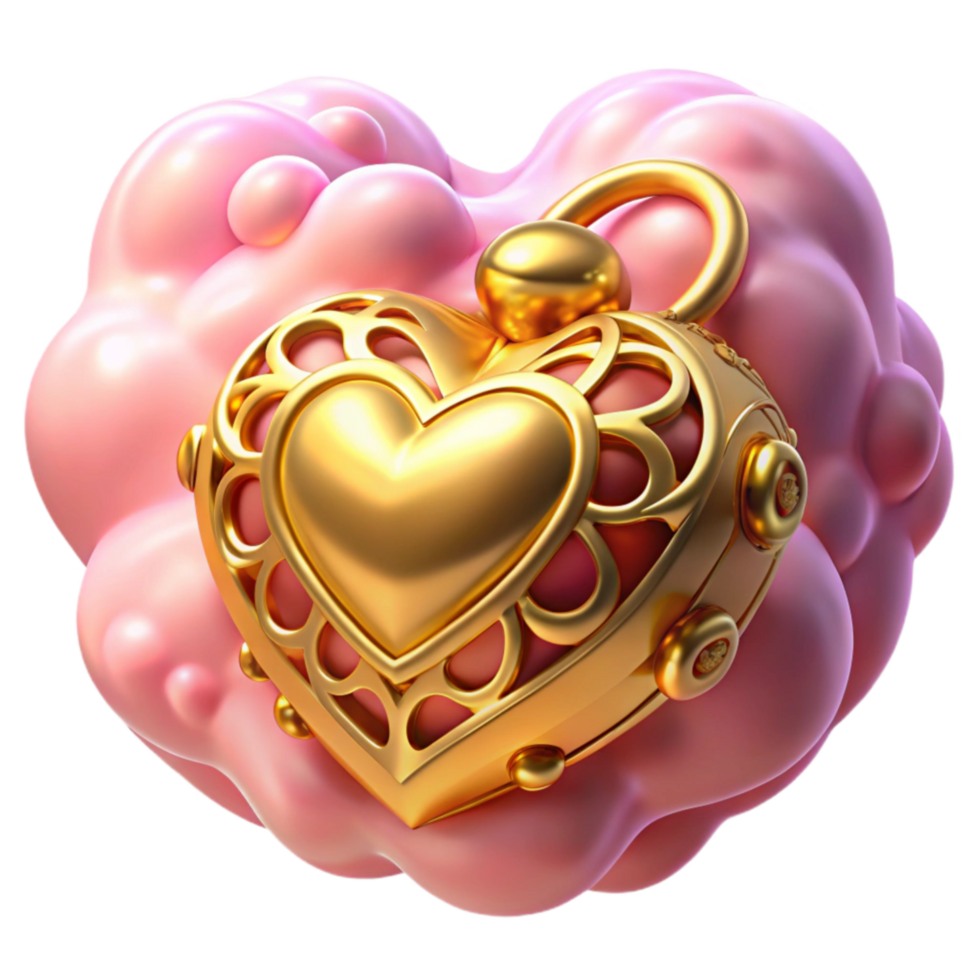 Golden Heart Locket in Pink Cloud 3D Render png