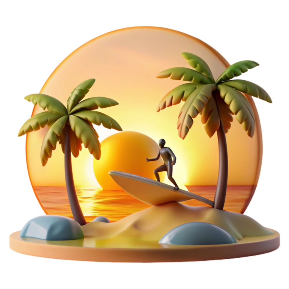 Sunset Surfer Tropical Beach Paradise 3D Render png