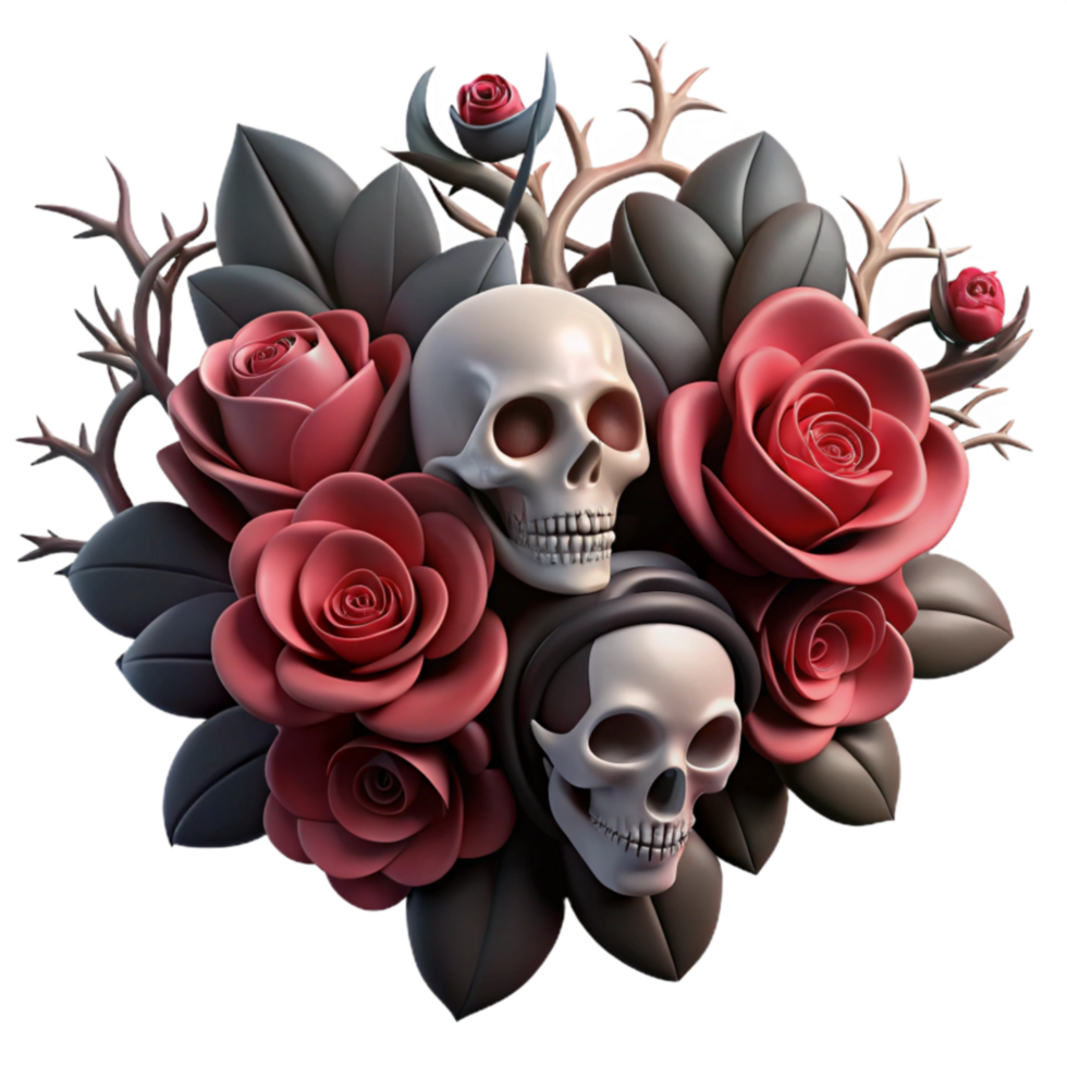 Gothic Floral Skull Arrangement Dark Roses and Skulls png