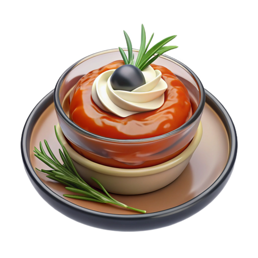 Savory Appetizer Creamy Whipped Topping, Rosemary Garnish, and Red Sauce png
