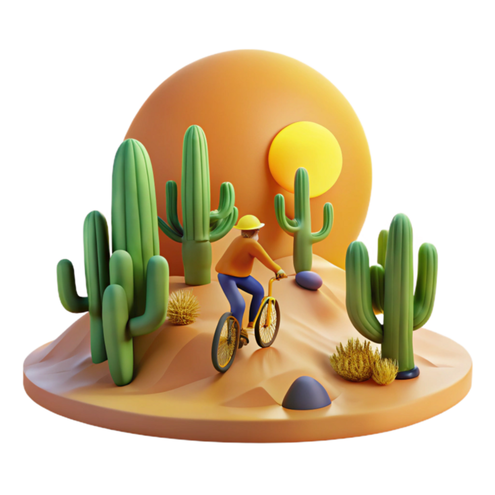 Desert Cycling Adventure 3D Render of Cyclist in Cactus Landscape png