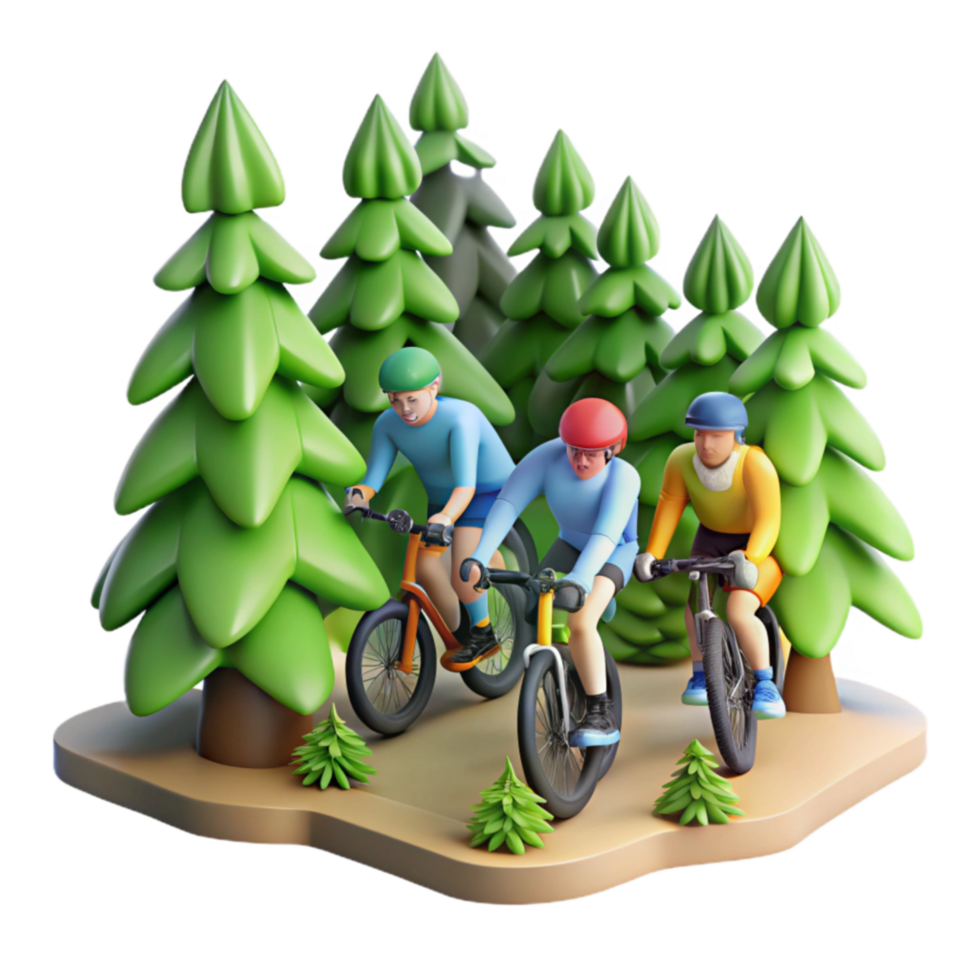 Three Cyclists Ride Mountain Bikes Through a Forest png