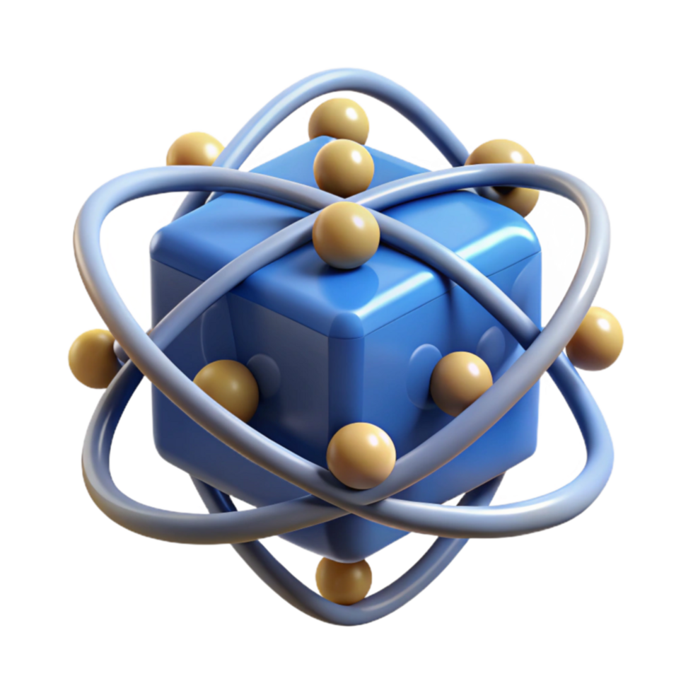 Abstract 3D Model Cube with Orbiting Spheres png