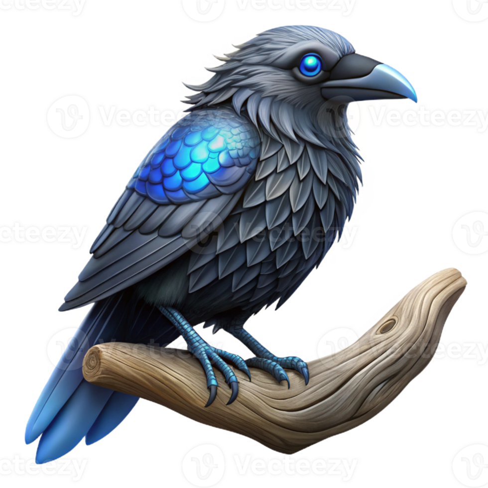 Mystical Raven Illustration Blue Accents Detailed Feathers png