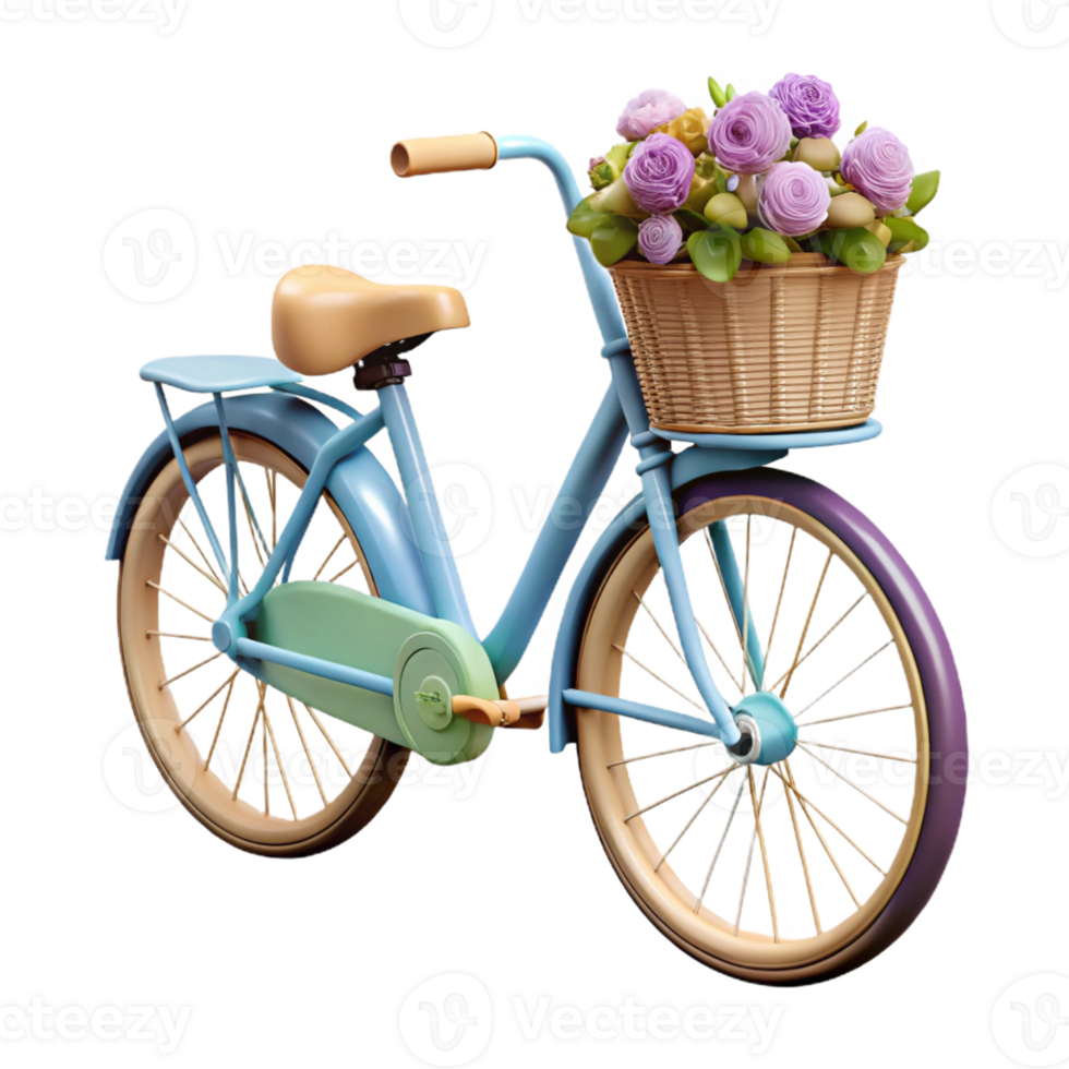 Blue Bicycle with Flower Basket 3D Illustration png