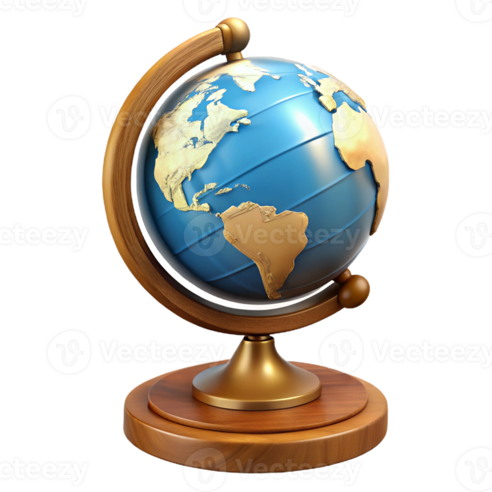 3D Render Globe Model, World Map, Wooden Stand png