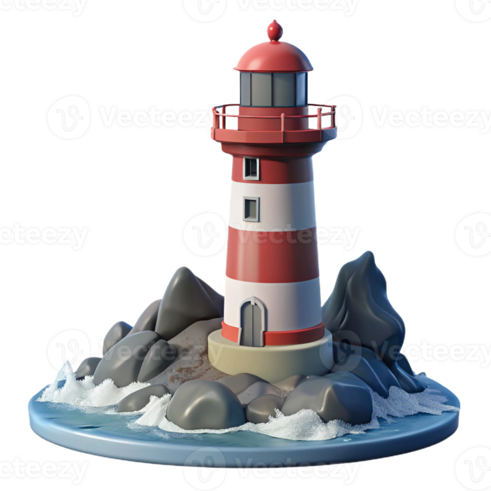 Red and White Striped Lighthouse on Rocky Shore 3D Model png