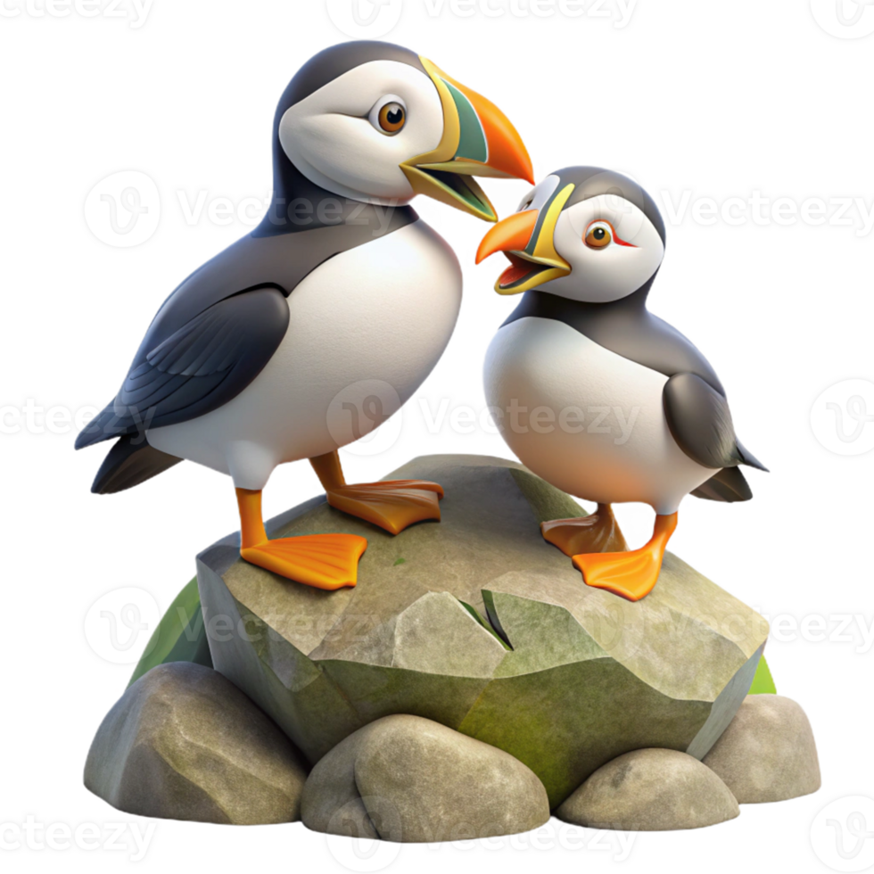 3D Illustration of Two Puffins on Rocks png