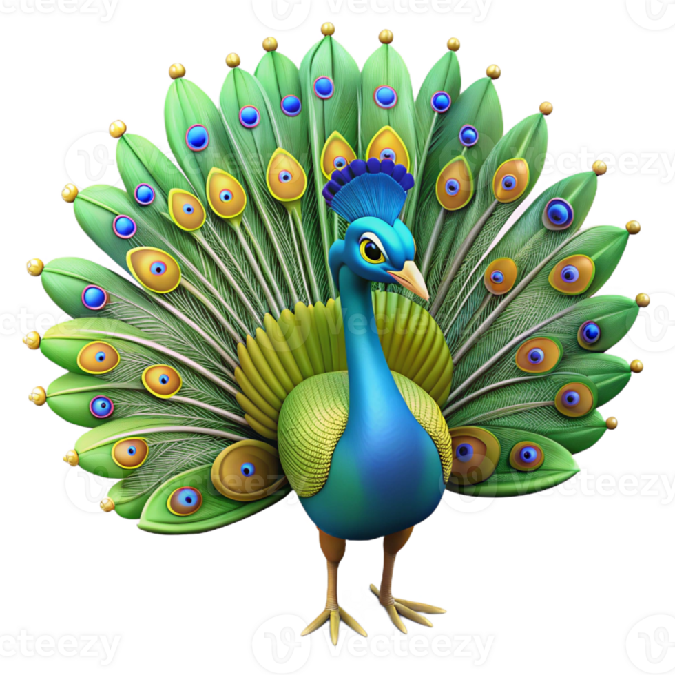 3D Peacock Illustration with Green and Blue Feathers png