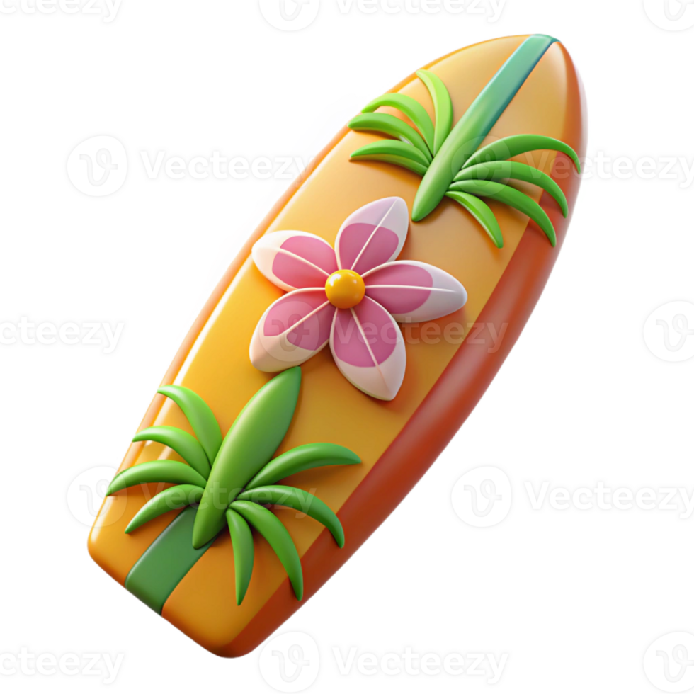 3D Render of a Surfboard with Flowers and Palm Trees png