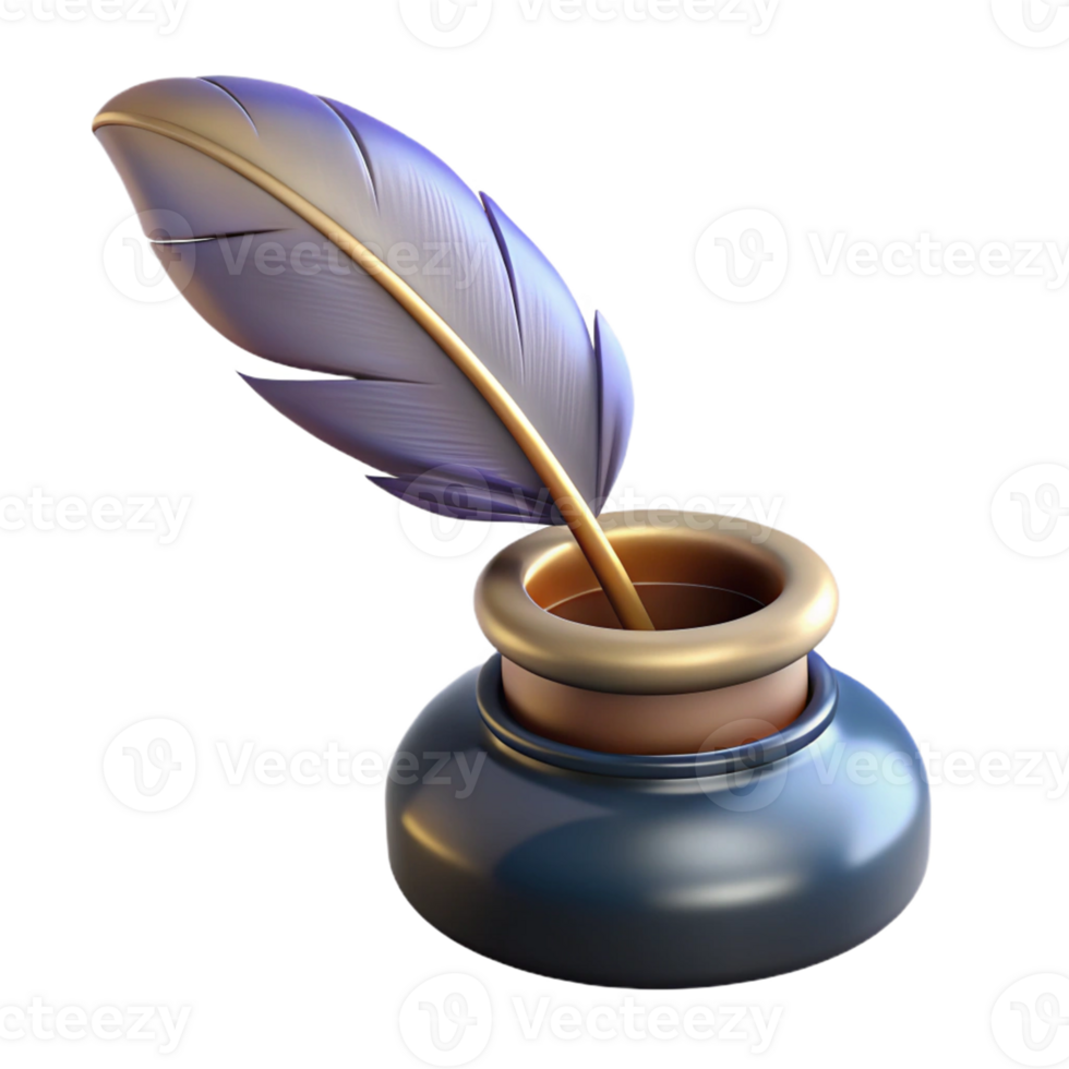 3D Render of Quill and Inkwell png