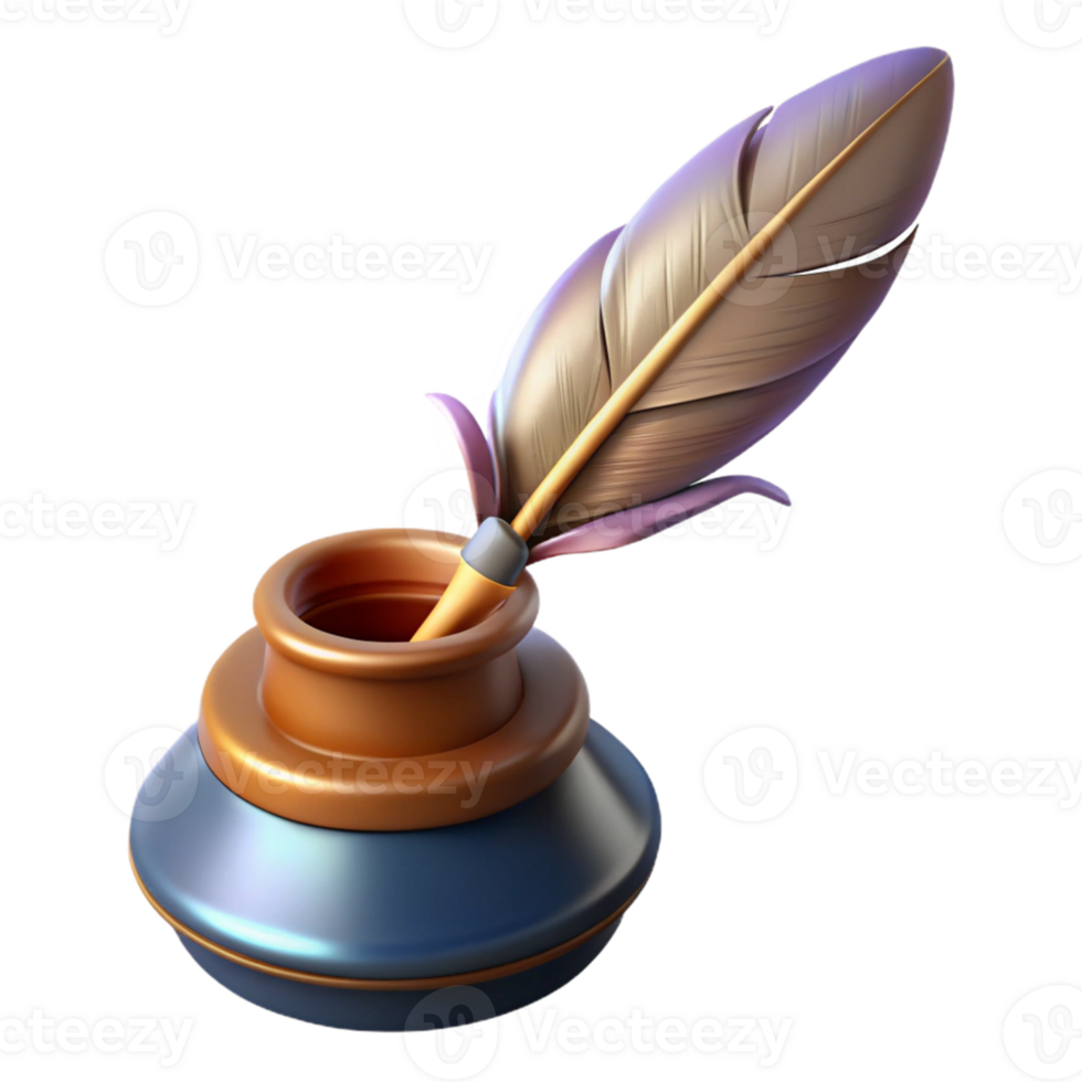 Feather Pen Inkwell 3D Render png