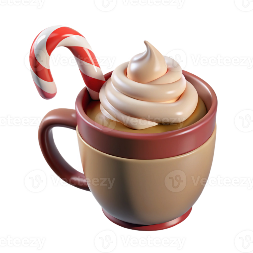 3D Render Whipped Cream Hot Chocolate Candy Cane Mug png