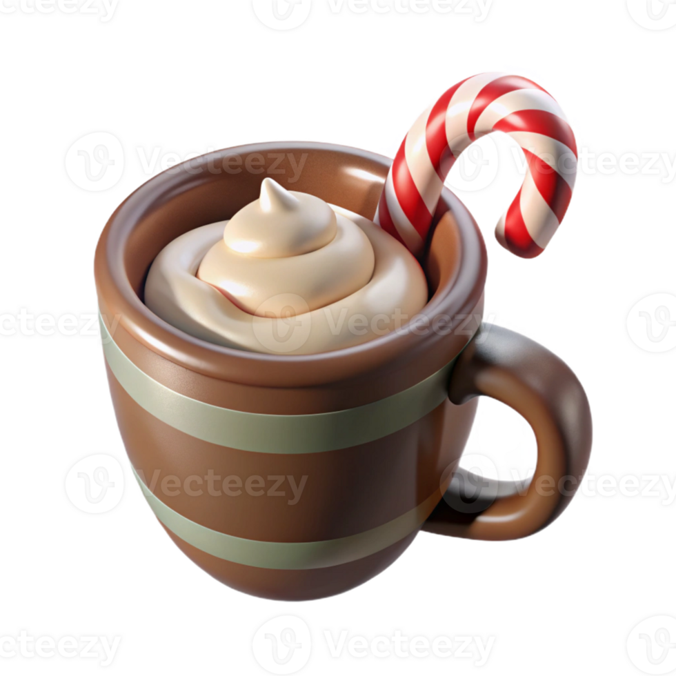 Whipped Cream and Candy Cane in a Brown Mug 3D Illustration png