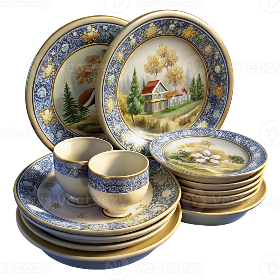Vintage Floral House Plates with Cups png