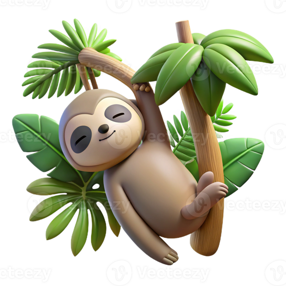 Cute 3D Sloth Hanging on Tree Branch Illustration png