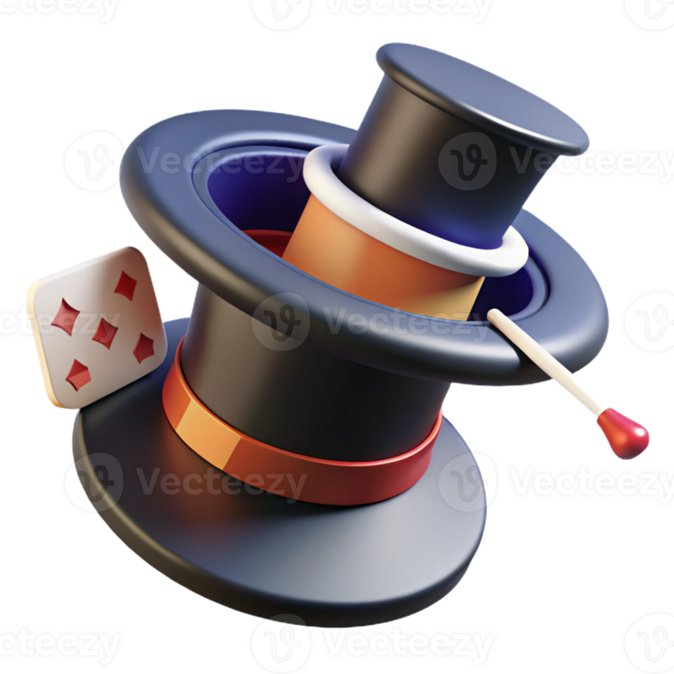 3D Render of a Magic Hat with a Card and a Stick png