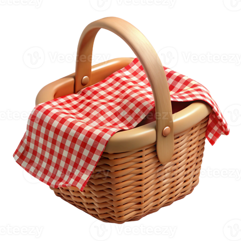 Wicker Picnic Basket with Red and White Checkered Cloth 3D Illustration png