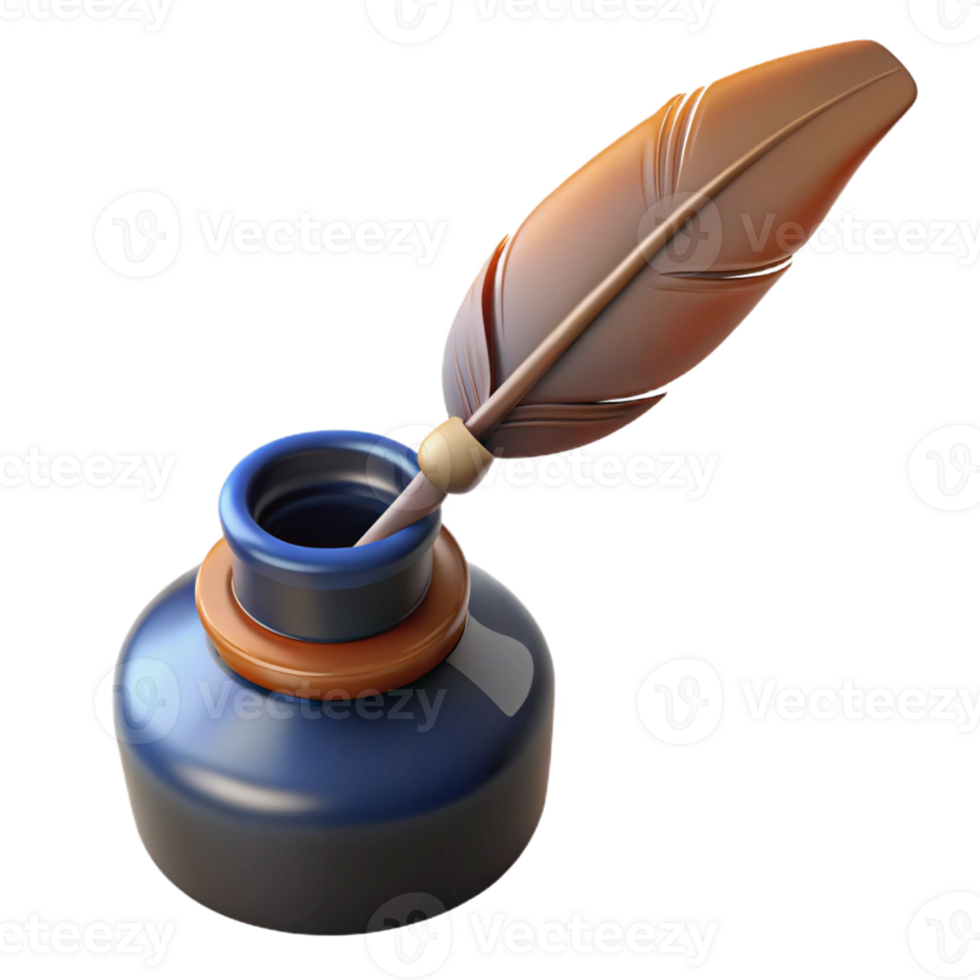 3D Illustration of a Quill Pen and Inkwell png