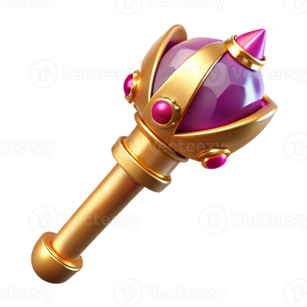 3D Render Golden Scepter with Purple Gem png