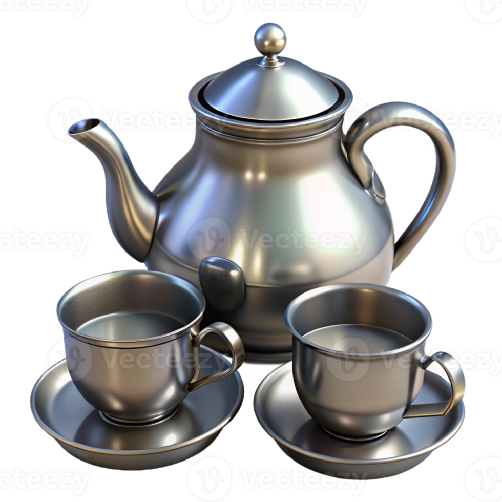 Metallic Teapot Cups 3D Render png