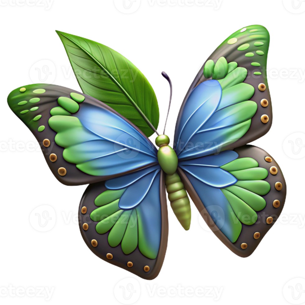 Green and Blue Butterfly with Leaf png