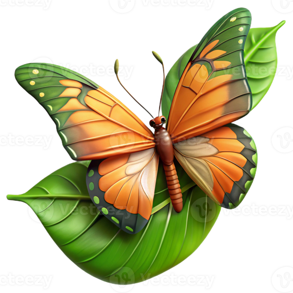 3D Butterfly Illustration on Green Leaves png