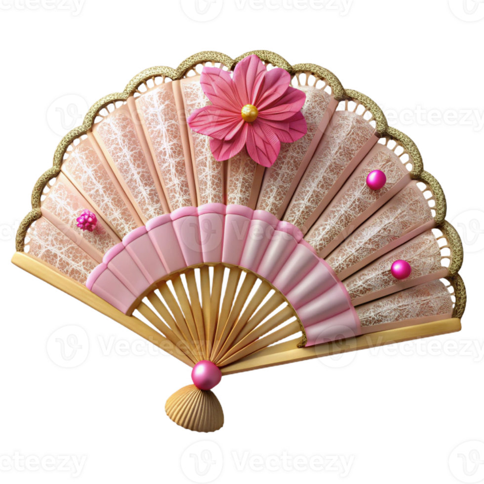 Pink Gold Hand Fan with Flower Decoration png