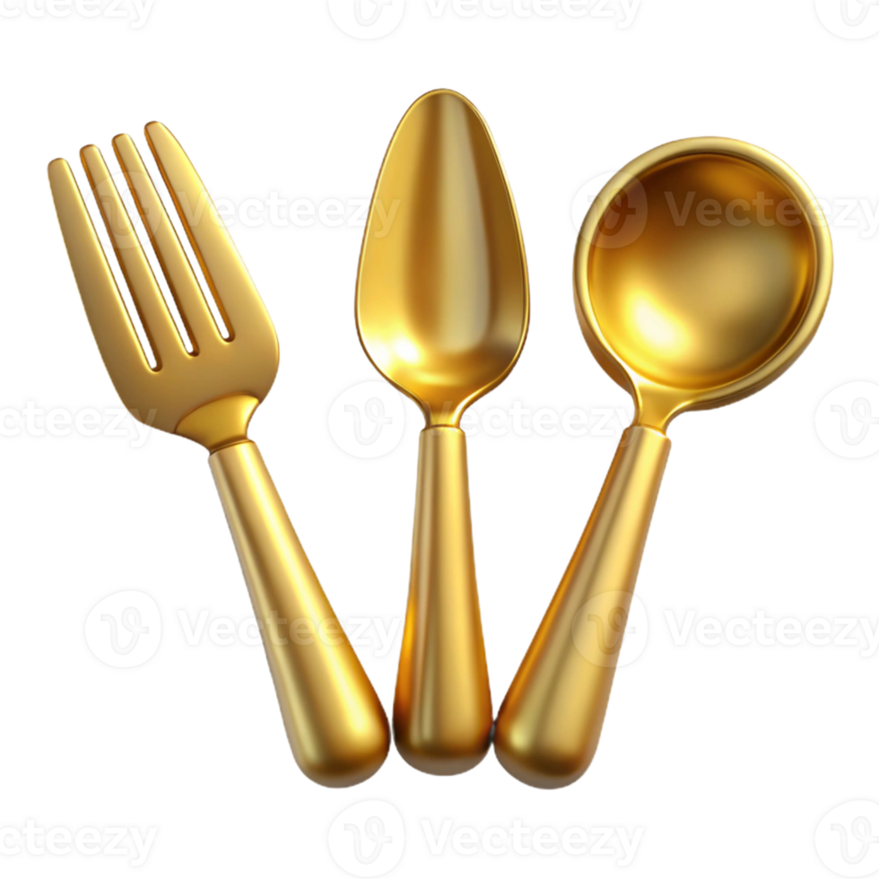 Golden Utensil Set Fork, Spoon, Ladle png
