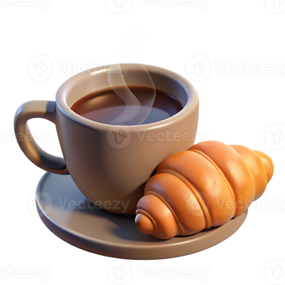3D Render of a Cup of Coffee and Croissant png