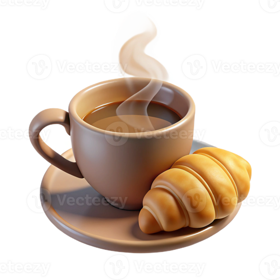 3D Render Steaming Coffee Cup Croissant png