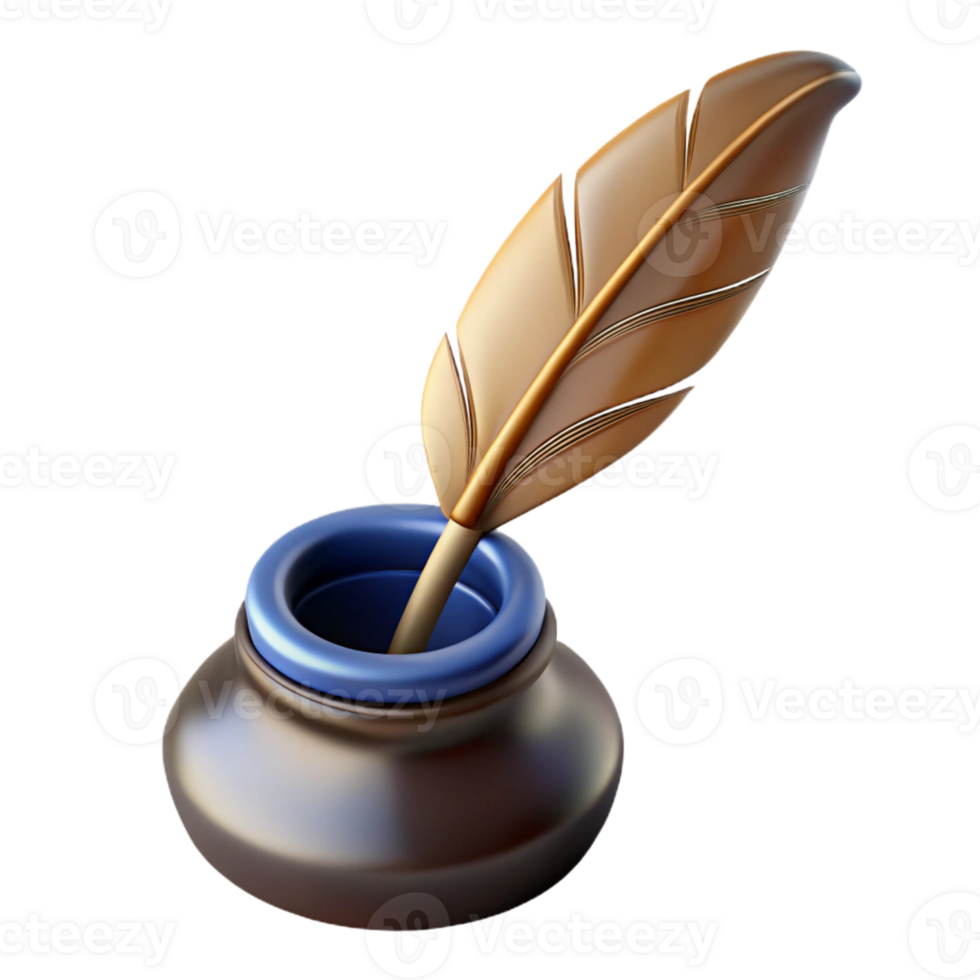 3D Illustration of a Quill Pen in an Inkwell png