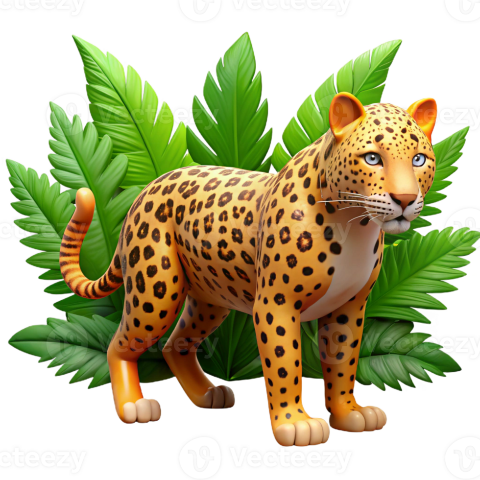 Leopard 3D Illustration with Green Leaves png